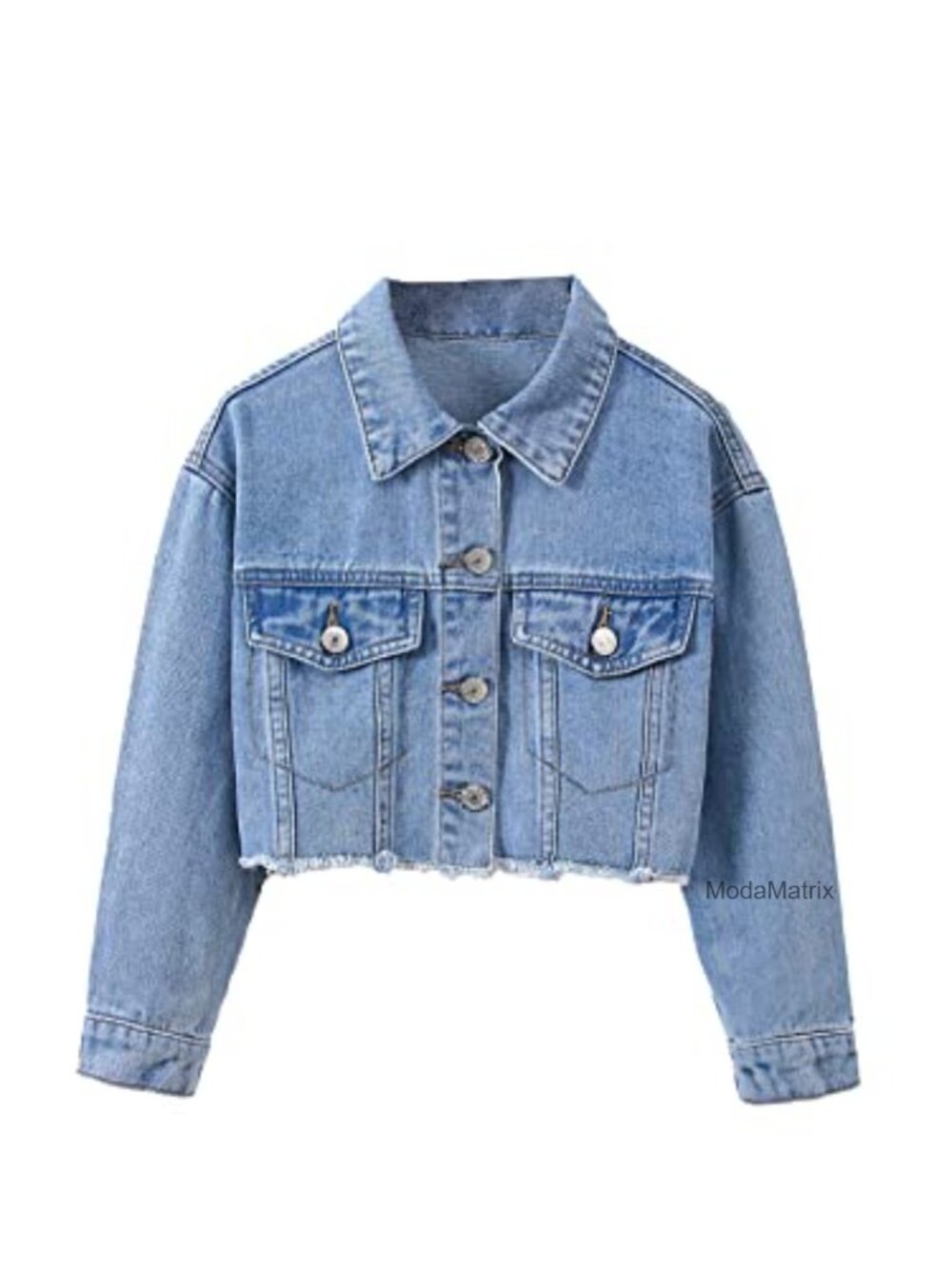 Girls Raw Hem Crop Denim Jacket Long Sleeve Shacket